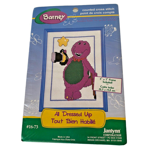 Vintage Barney Framed Counted Cross Stitch Kit All Dressed Up 1997 Dinosaur NOS - Picture 1 of 5